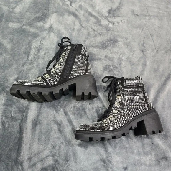 ShoeDazzle Rhinestone Combat Boots Women 8.5 Black Chunky Heel Party Ready - Picture 8 of 11